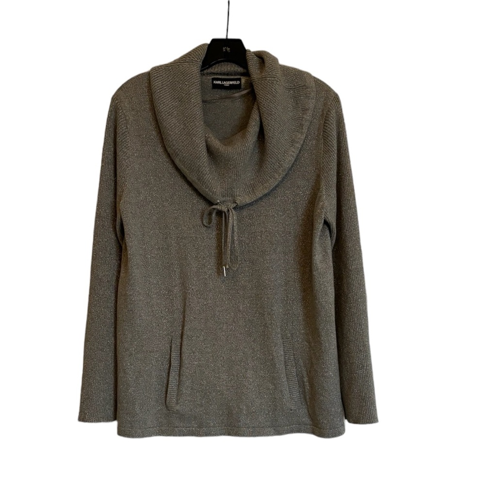 KARL LAGERFELD Sparkly Gray Cowl Turtleneck Sweater with Drawstrings and Pockets